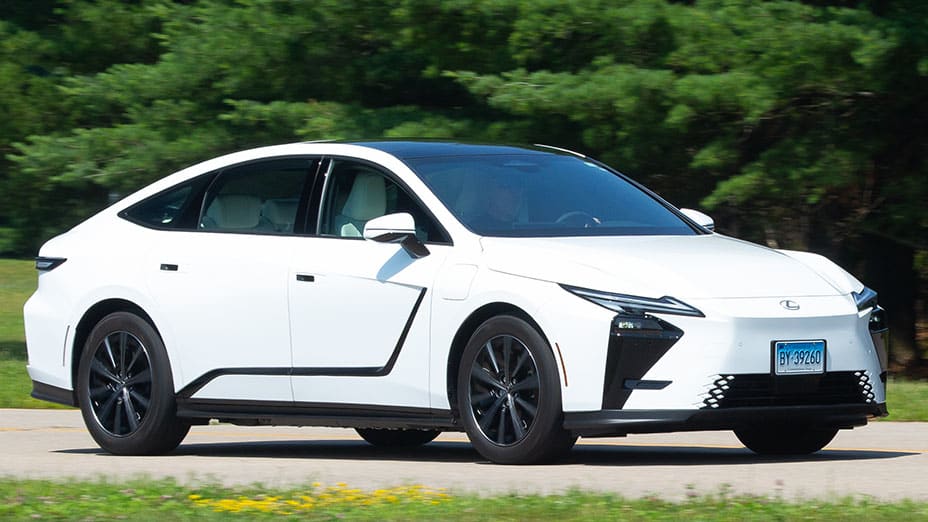 2026 Lexus ES EV driving at Consumer Reports' Auto Test Center