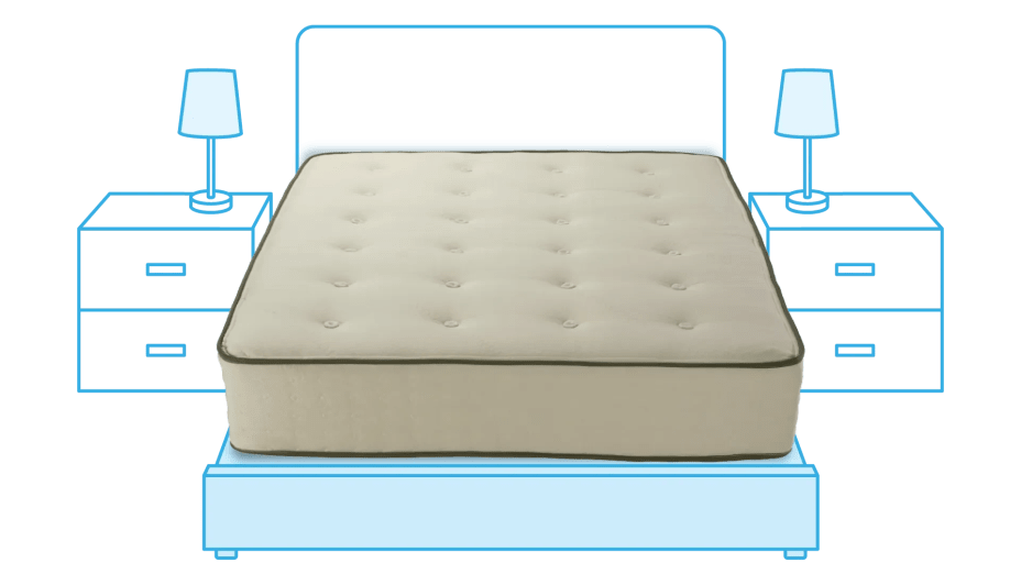 Mattress placed on platform bed in an illustrated bedroom setting