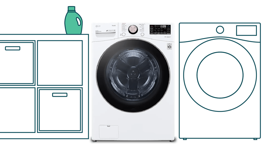 Washing Machine photo pictured between a line-drawing cabinet and clothes dryer