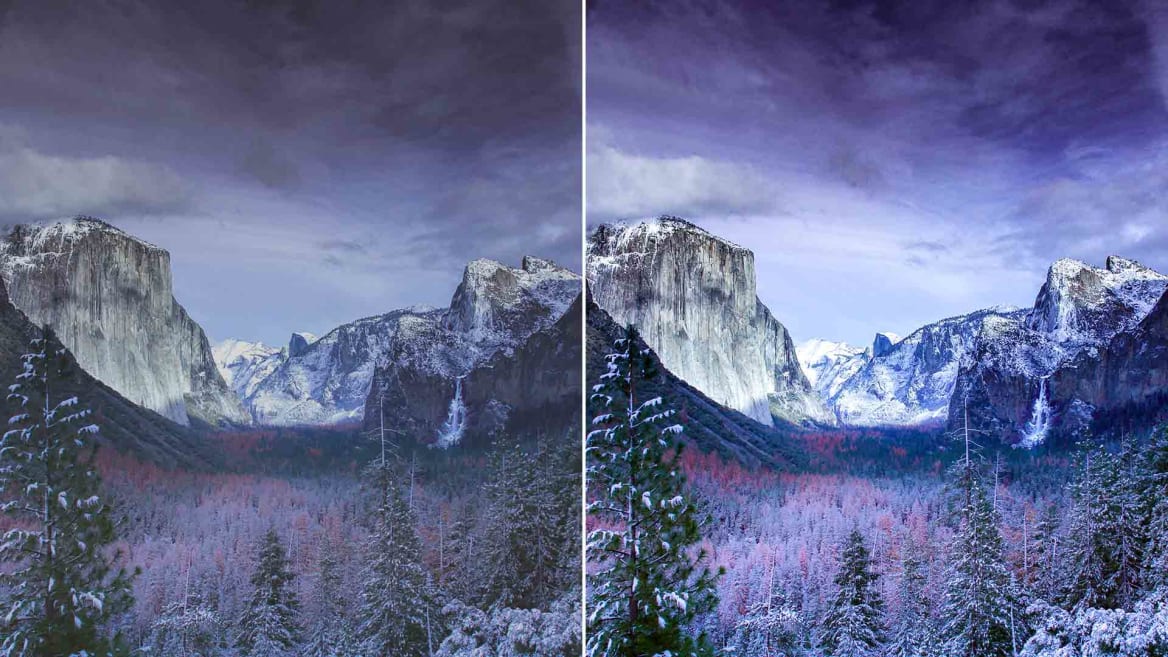 Simulated comparison of SDR vs HDR of a forest valley landscape in winter with mountains in the distance