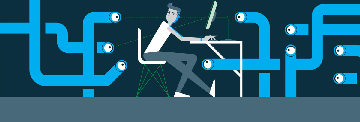 illustration of person at computer with eyes looking at him