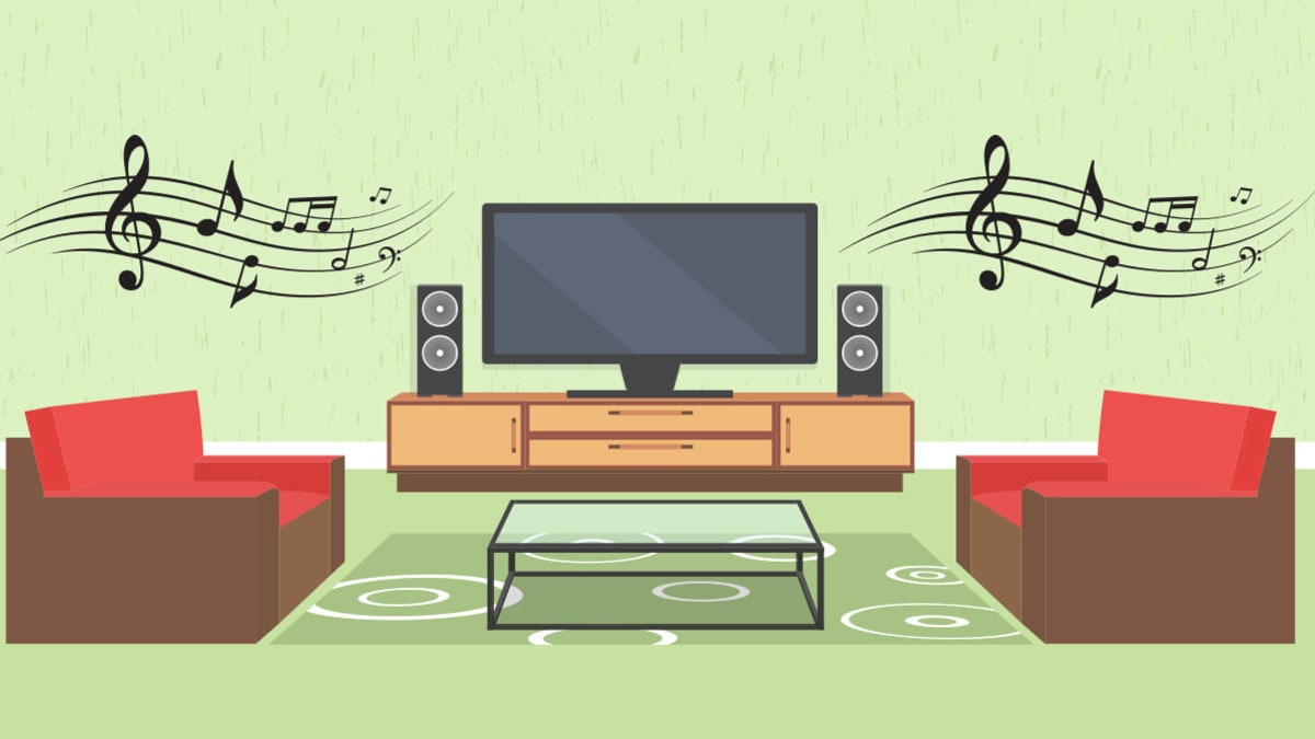An illustration of a living room with speakers.