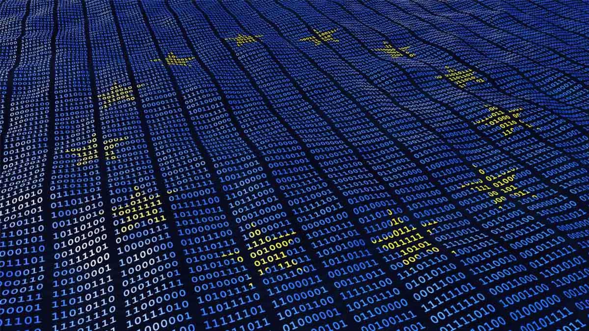 European Union Data Protection bits and bytes in waving pattern with EU stars