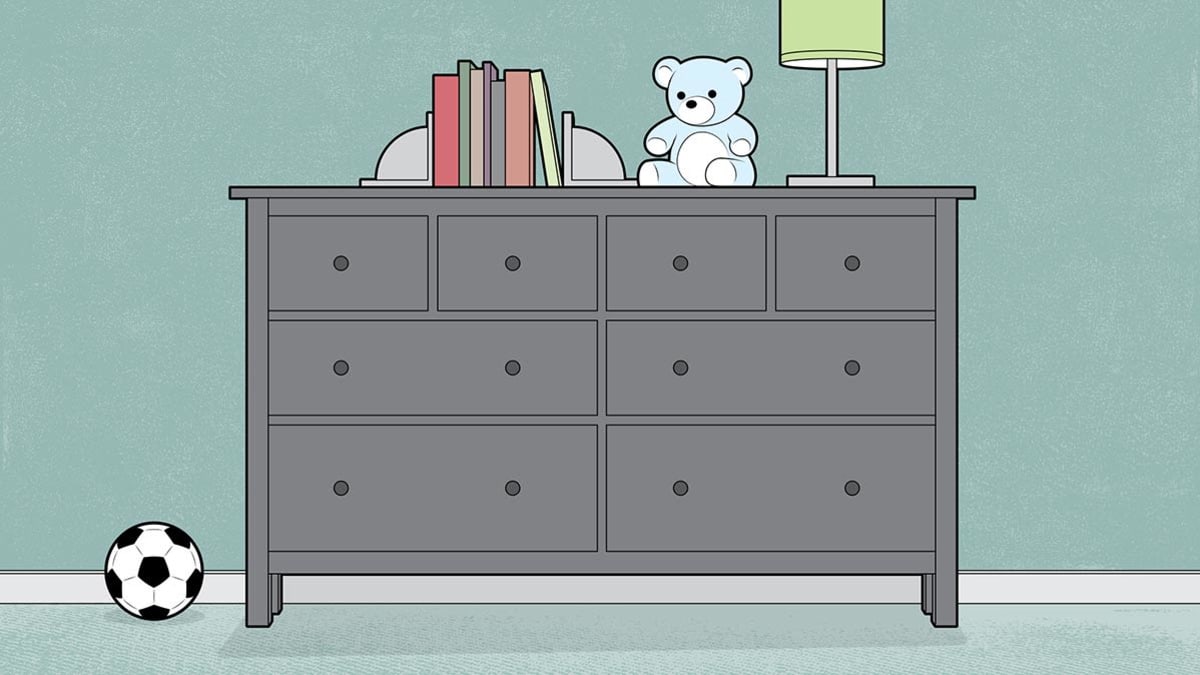 Illustration of Ikea dresser in kids room with books, bear and lamp on top, soccer ball on floor