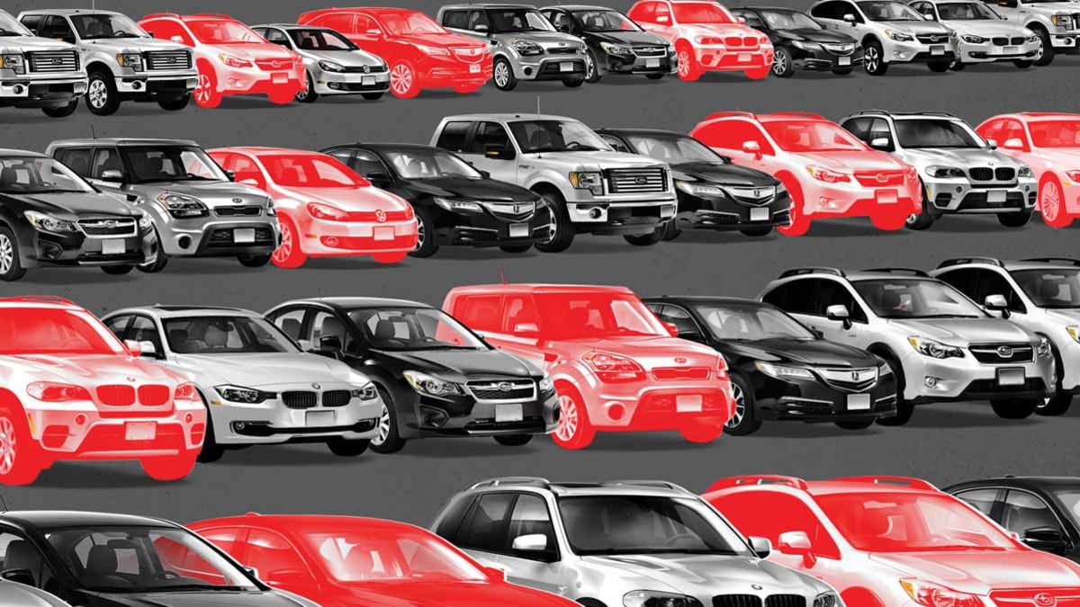 Rows of black and white cars every few cars with a red overlay.