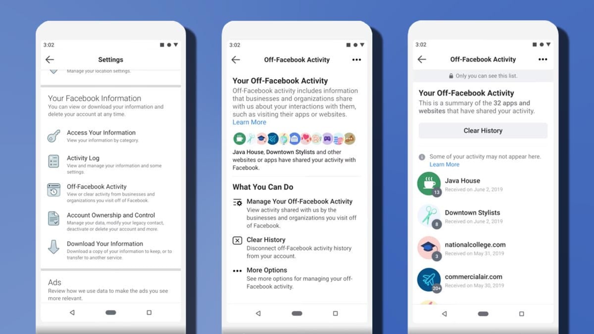 Facebook screen grabs of new clear history feature