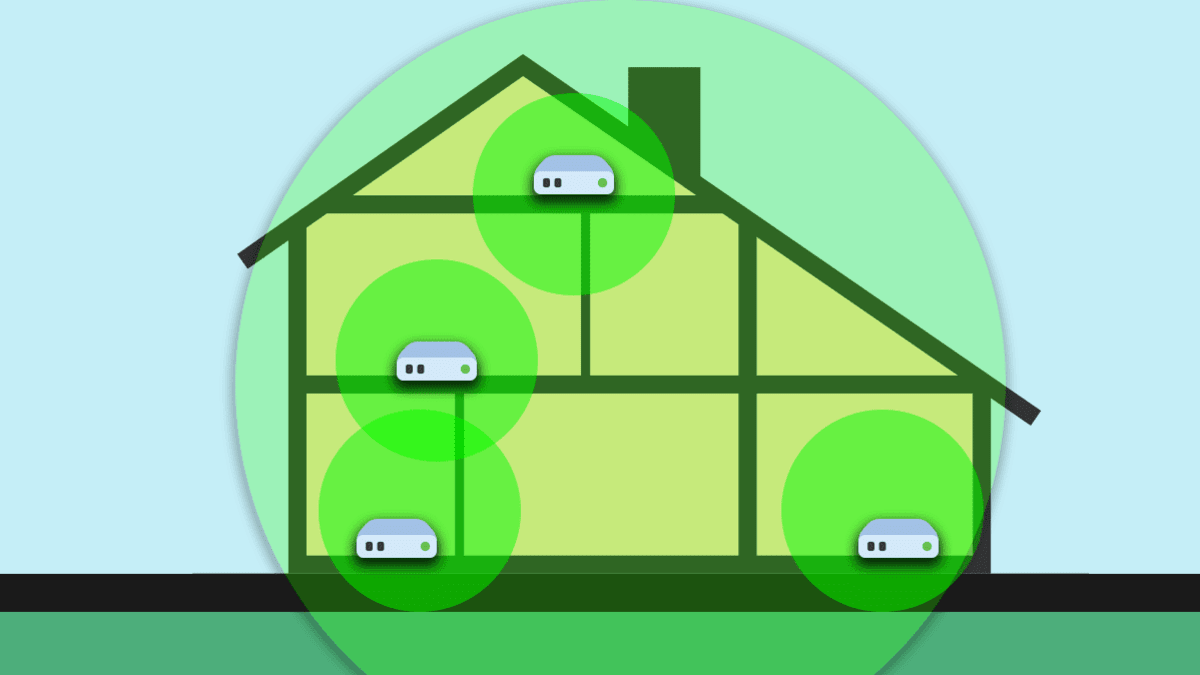 Illustration of a mesh router system with a base unit and three satellites units in a two-floor house with an attic.