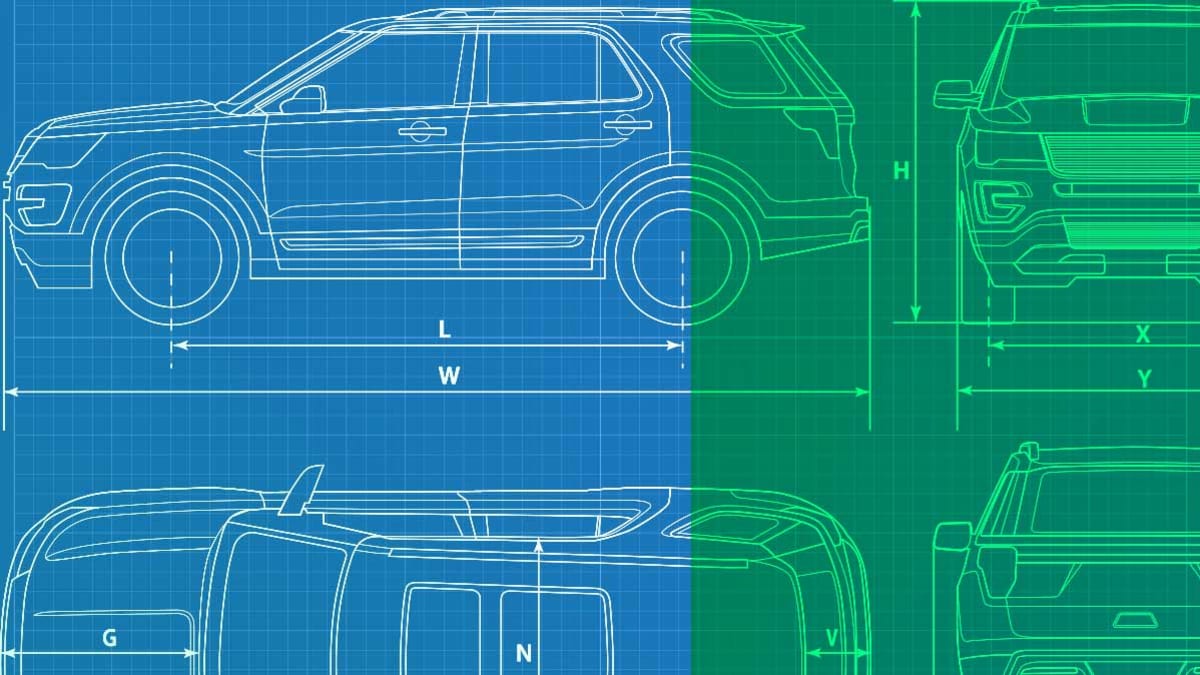 car blueprint showing car from different angles