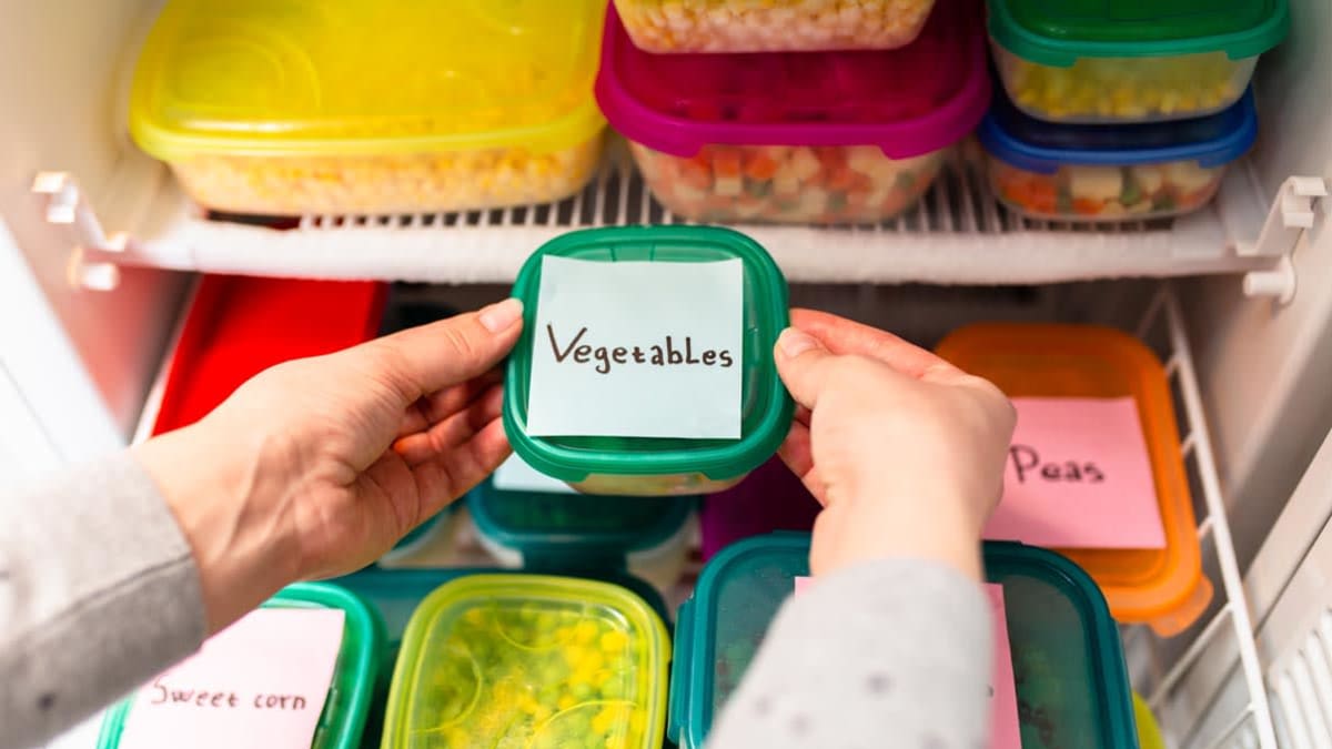 hands holding small container labeled vegetables above freezer with other containers of frozen foods
