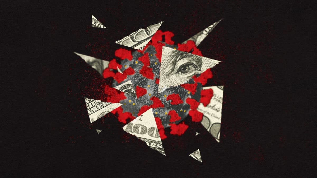 Illustration of COVID-19 and pieces of a 100 dollar bill.