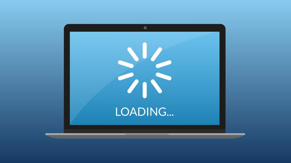 illustration of laptop with "loading..." and loading icon on screen