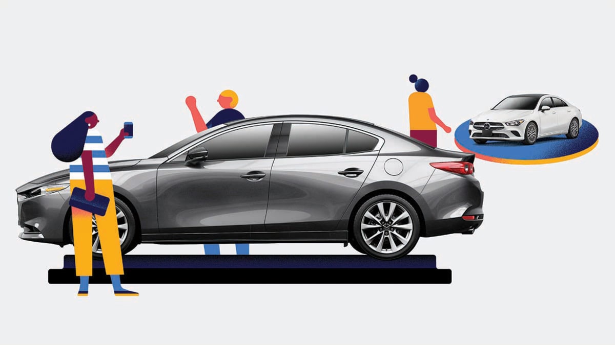 illustration of people looking at cars