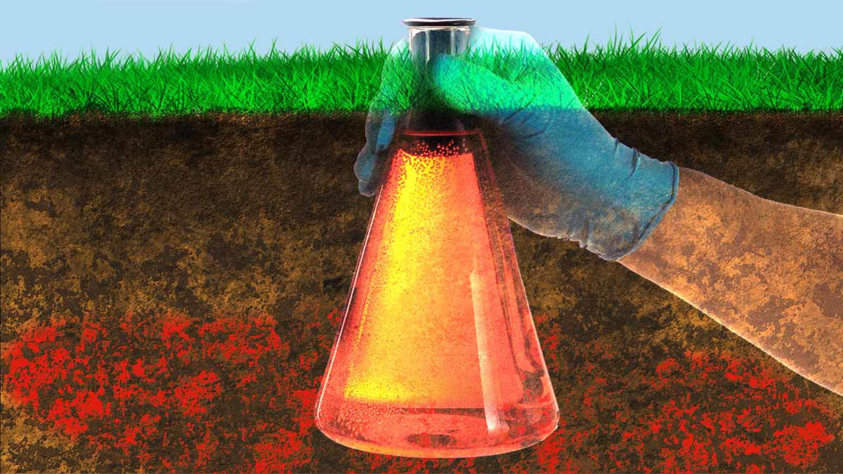 A hand holding a vile of chemicals collaged over soil.