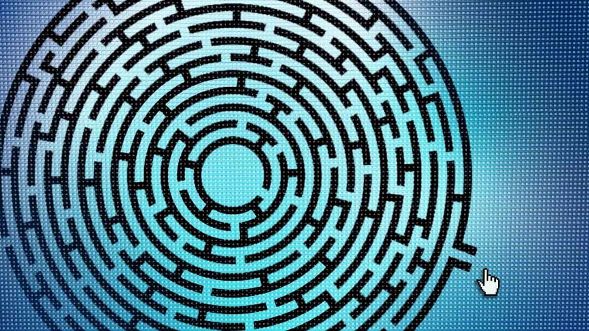 A mouse cursor sitting next to the entrance a digital maze.