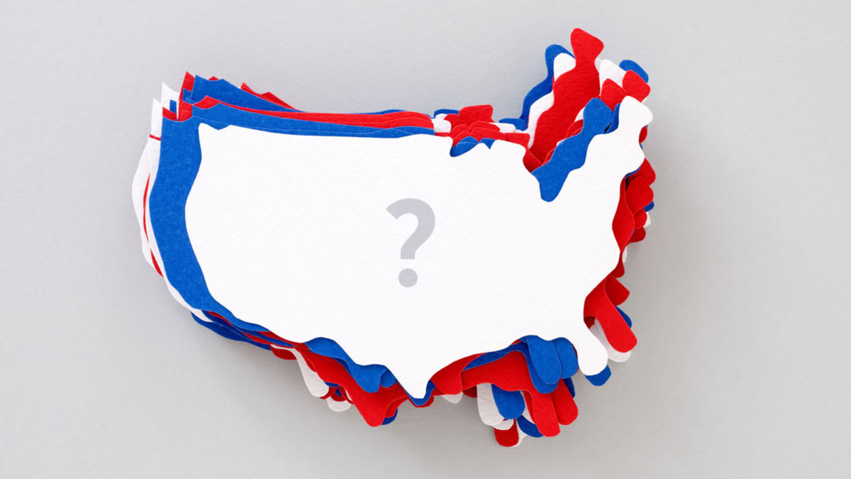 red, white and blue US paper maps stacked with question mark