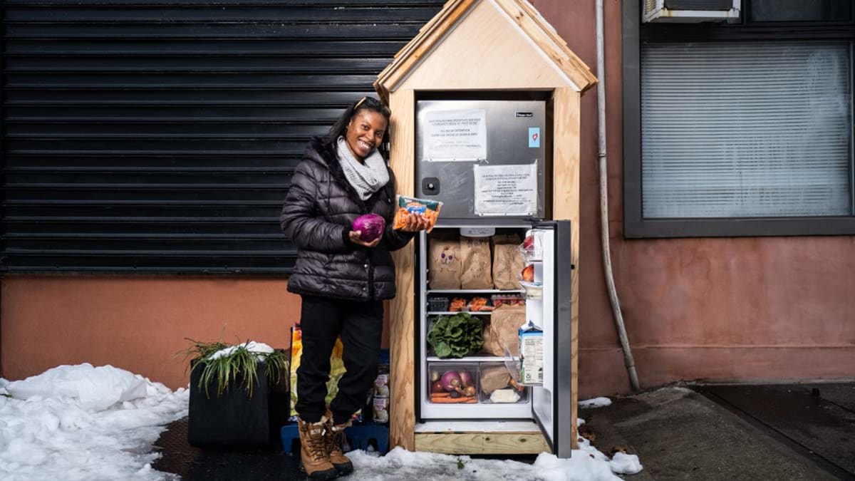 Anaika Forbes and community fridge in Brooklyn