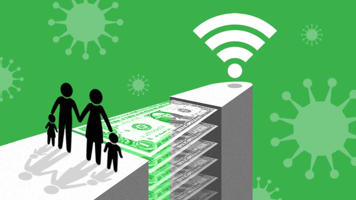 illustration of family walking across money bridge to wifi