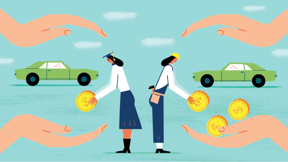 Illustration of two versions of the same person,  the one who is educated is paying more for her insurance than the one who has a blue collar job.