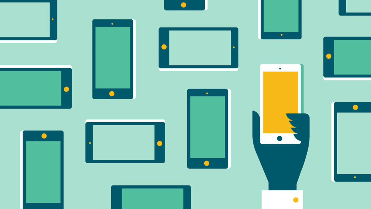 Illustration of a pattern of cell phones with a hand holding up one of the cell phones in the pattern.