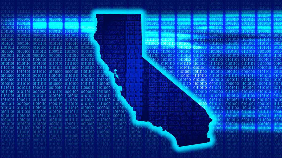 Illustration of the outline of the state of California with streams of data.