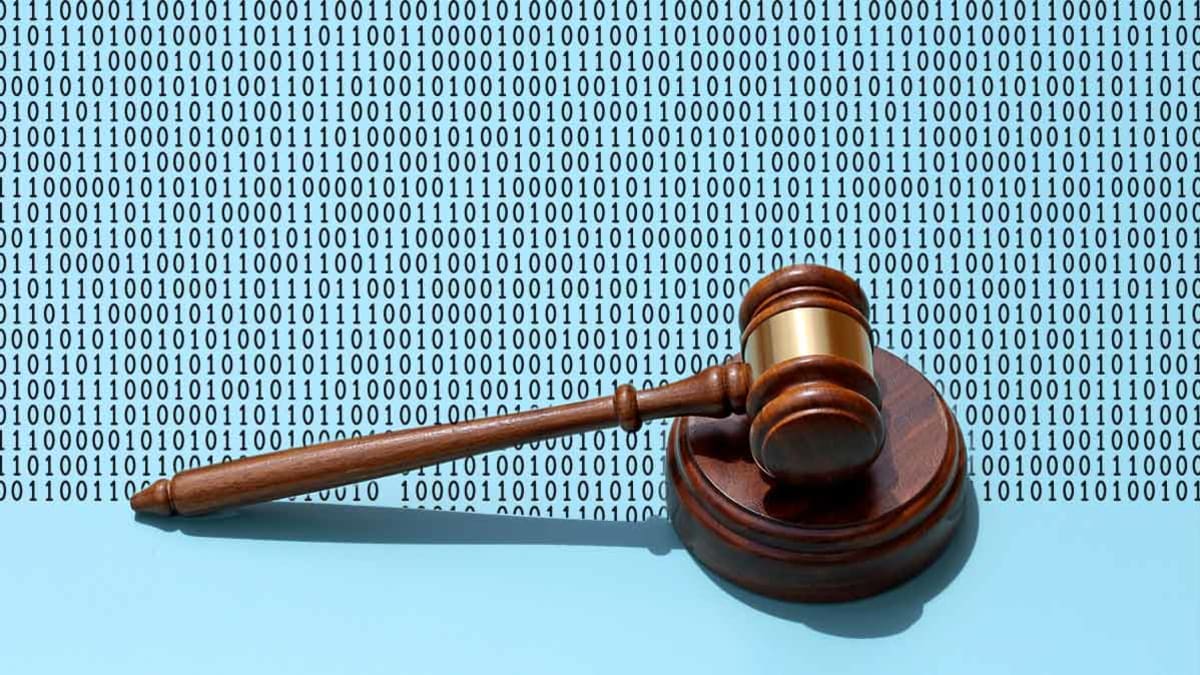 gavel and binary code