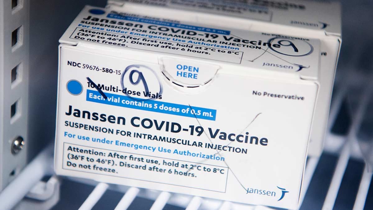 box of Johnson & Johnson's Janssen COVID-19 vaccine doses are pictured at Grubb's Pharmacy on Capitol Hill on Monday, April 12, 2021.
