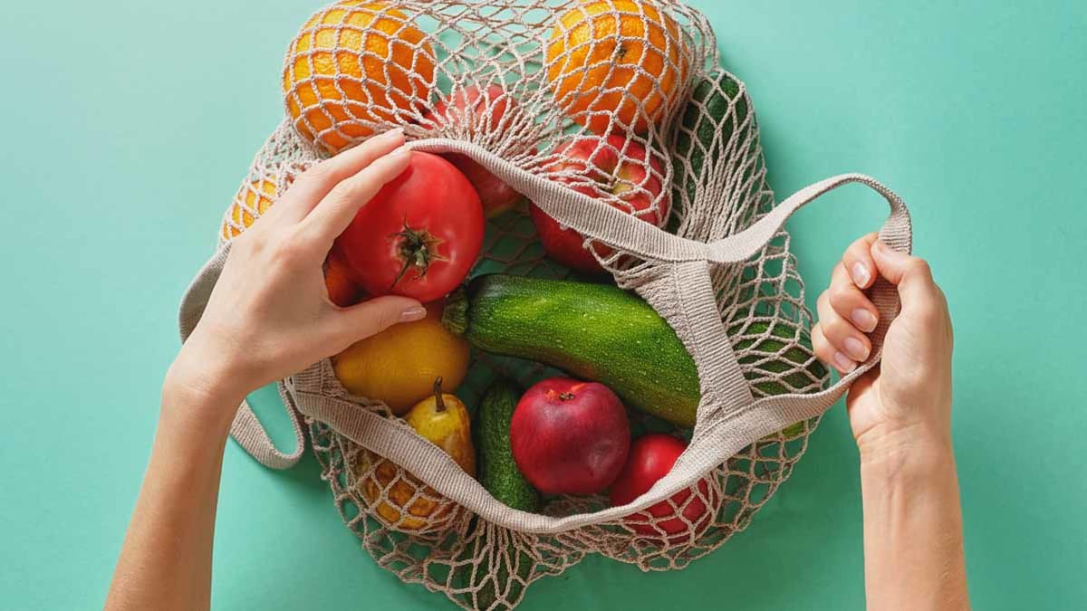 hands holding meshed fabric bag with various fruits and vegetables