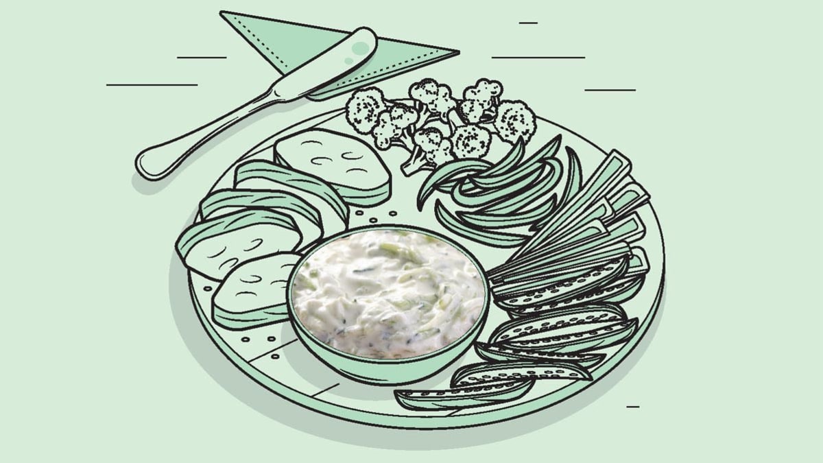 Illustration of veggie platter with photo of dip