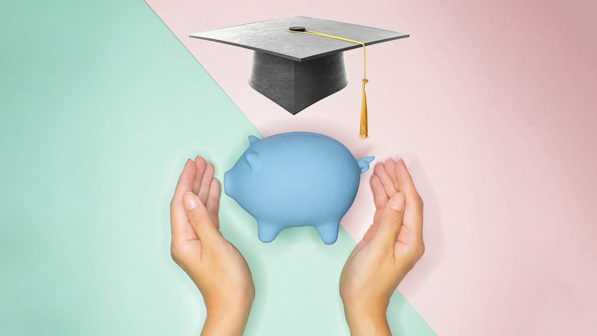 Two hands around a piggy bank with a graduation cap floating over the piggy bank.