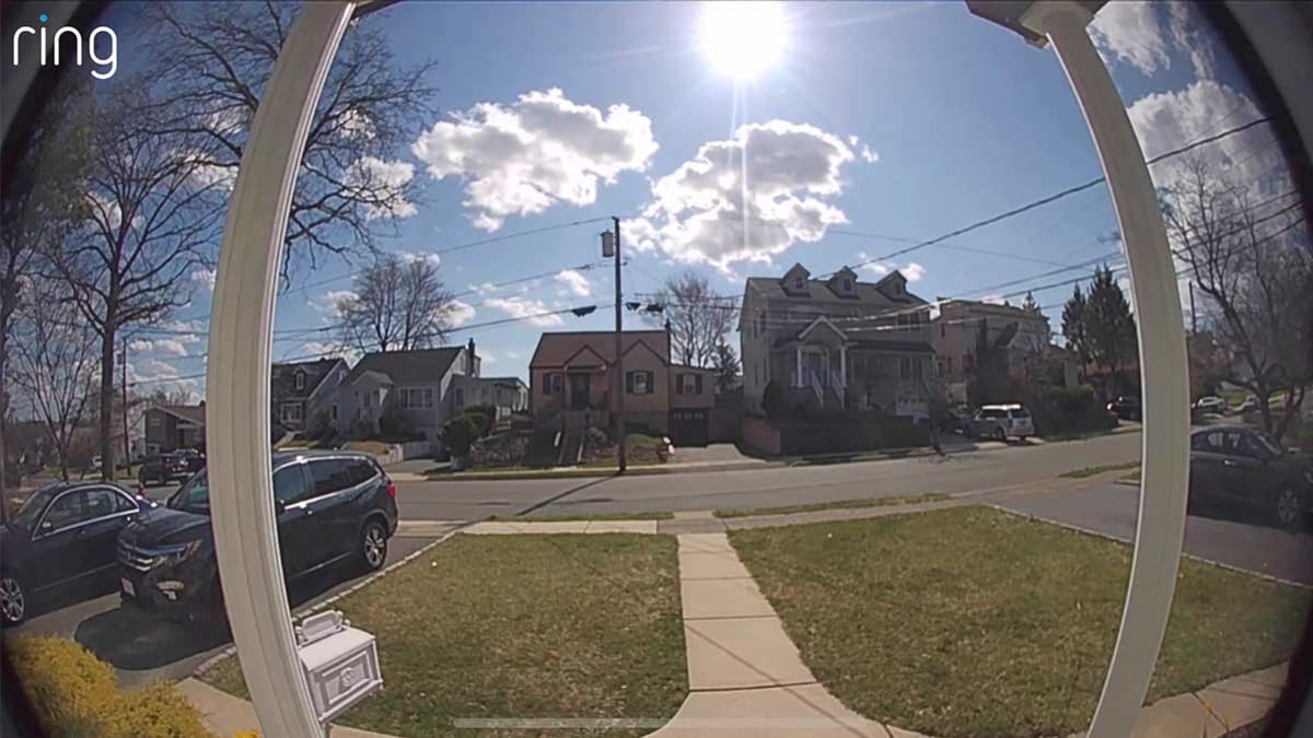 A still from footage shot by a Ring video doorbell of a suburban neighborhood.