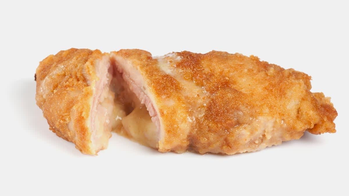 A stuffed breaded chicken breast