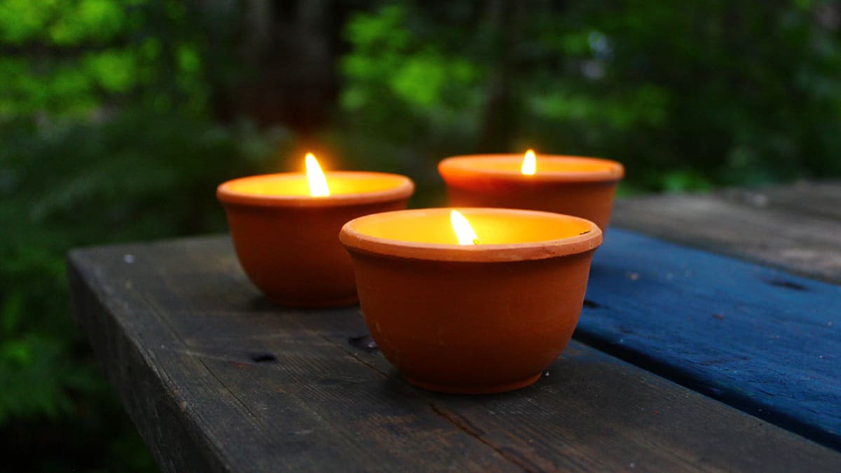 three Citronella candles on wooden table with woods blurred in background