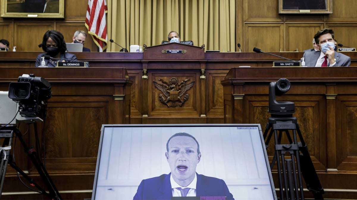 Facebook CEO Mark Zuckerberg speaks via video conference during a House Judiciary subcommittee hearing on antitrust on Capitol Hill in Washington.