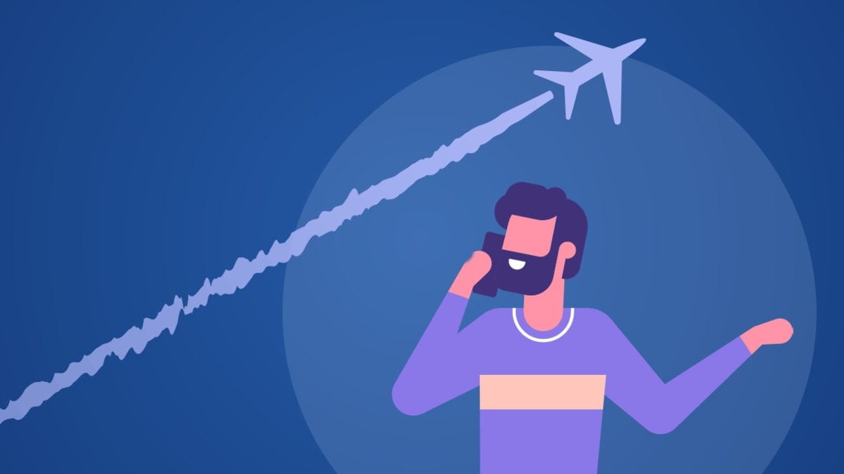 Illustration of a person talking on the phone with a plane flying overhead.