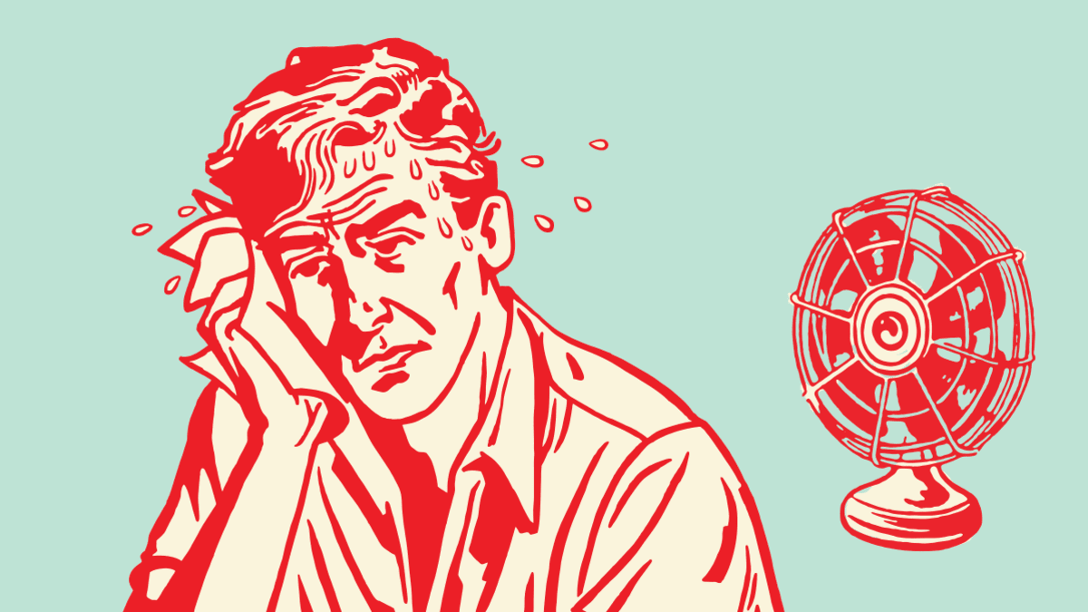Illustration of sweaty person sitting in front of a fan.