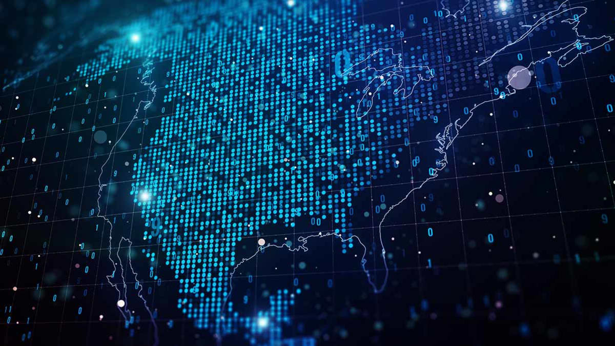 United States map made up of digital lights and binary code.