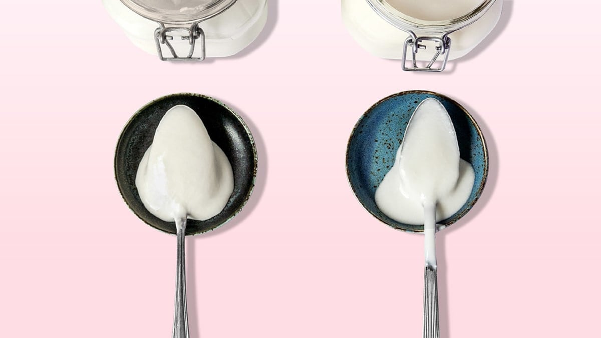 Two spoons of yogurt, on the left yogurt made from a sous vide and on the right yogurt made from a multicooker.