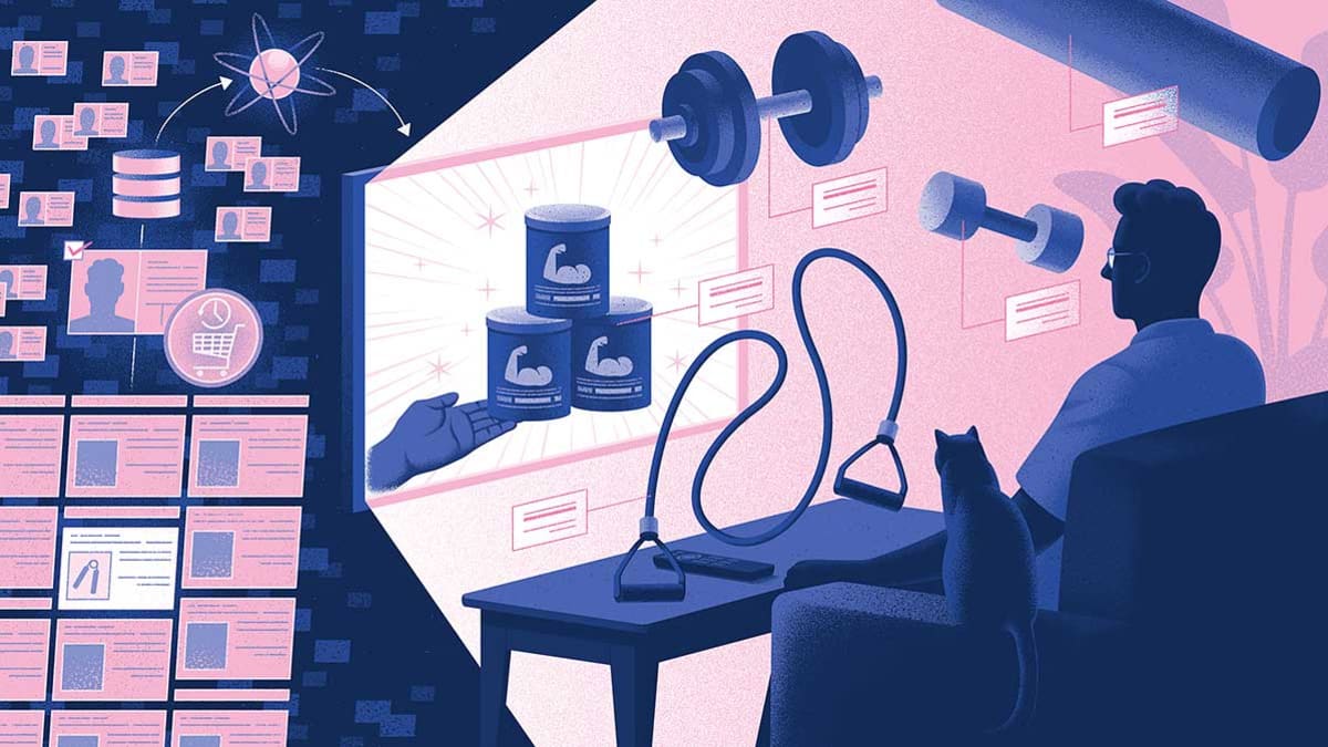 Illustration of a person watching TV with a targeted ad