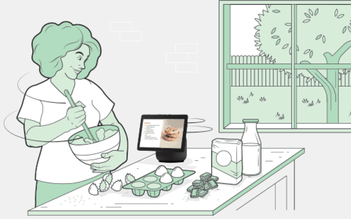Illustration of a person using the Echo 10 for recipe help while baking in their kitchen.