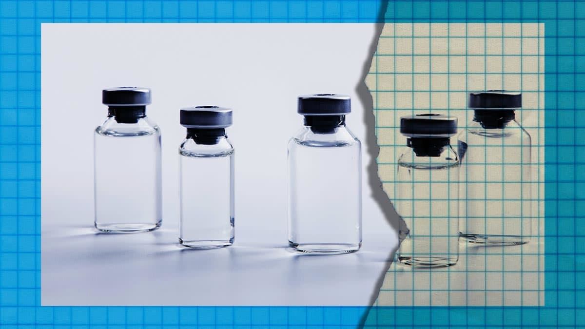 An image of  of COVID-19 vaccine collaged with torn graph paper.