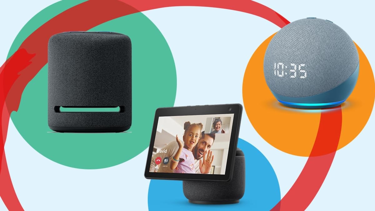 Amazon Echo Studio, Amazon Show 10, and Amazon Echo Dot with Clock