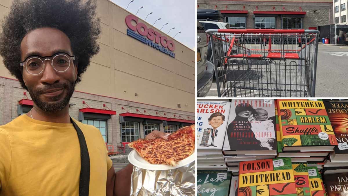 Brian with a pizza slice outside of Costco, the book section of Costco, shopping cart outside of Costco