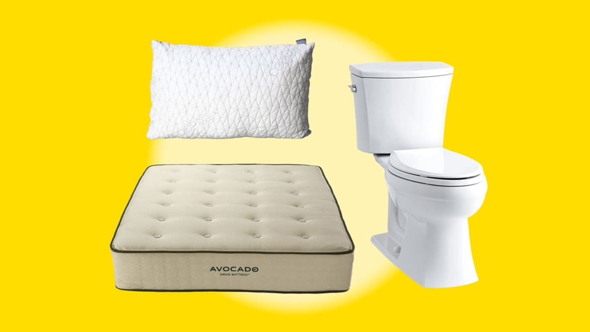 These products are a Coop Home Goods Adjustable Pillow, an Avocado Green Mattress and a Kohler Toilet