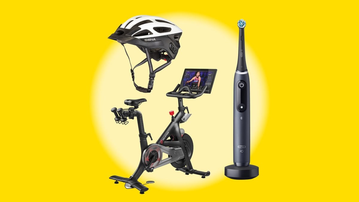 These products are a Sena Bike Helmet, a Peloton Bike and an Oral B IO electric tooth brush