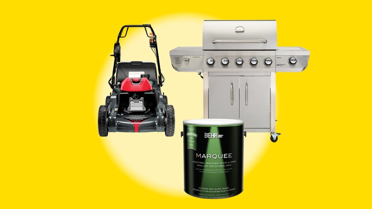 These products are a Honda-HRX217K6HZA Lawnmower, a behr marquee exterior paint and a GG Even Embers Grill