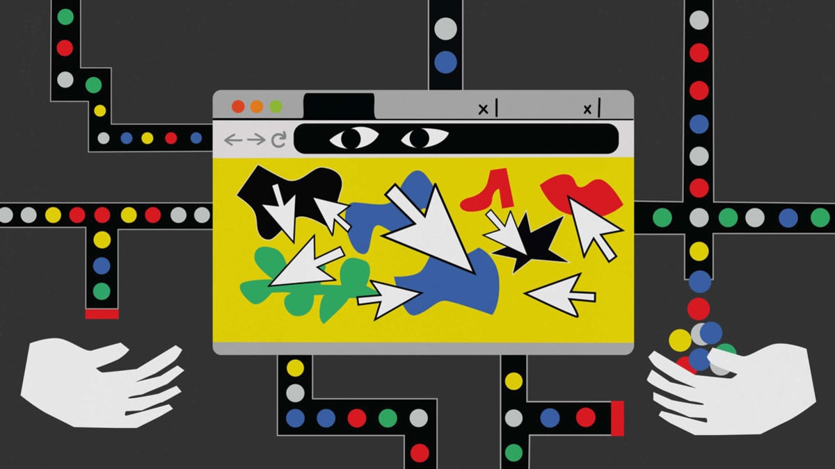 A browser with several click arrows, behind the browser a maze of dots (cookies) some falling into hands