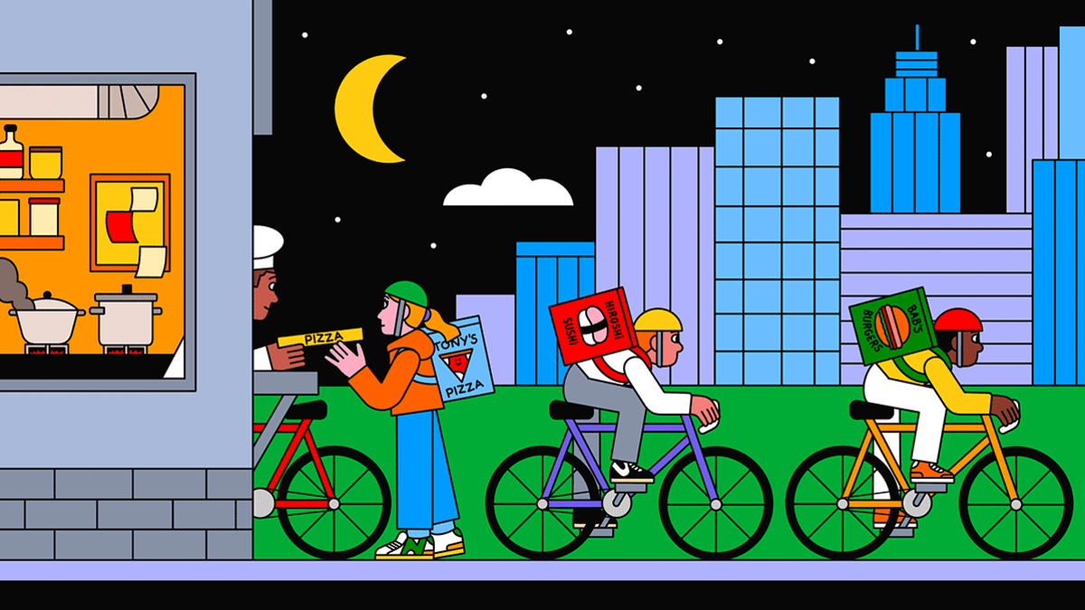Illustration of multiple food delivery people picking up multiple types of food from one kitchen