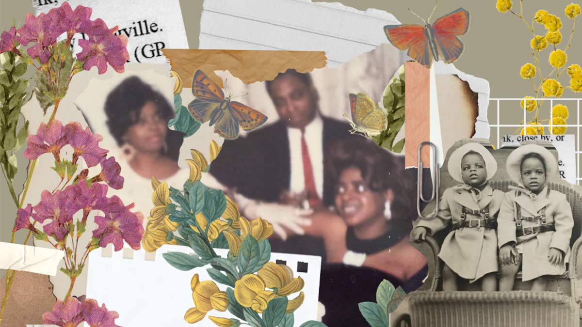 A collage of family photos and paper materials