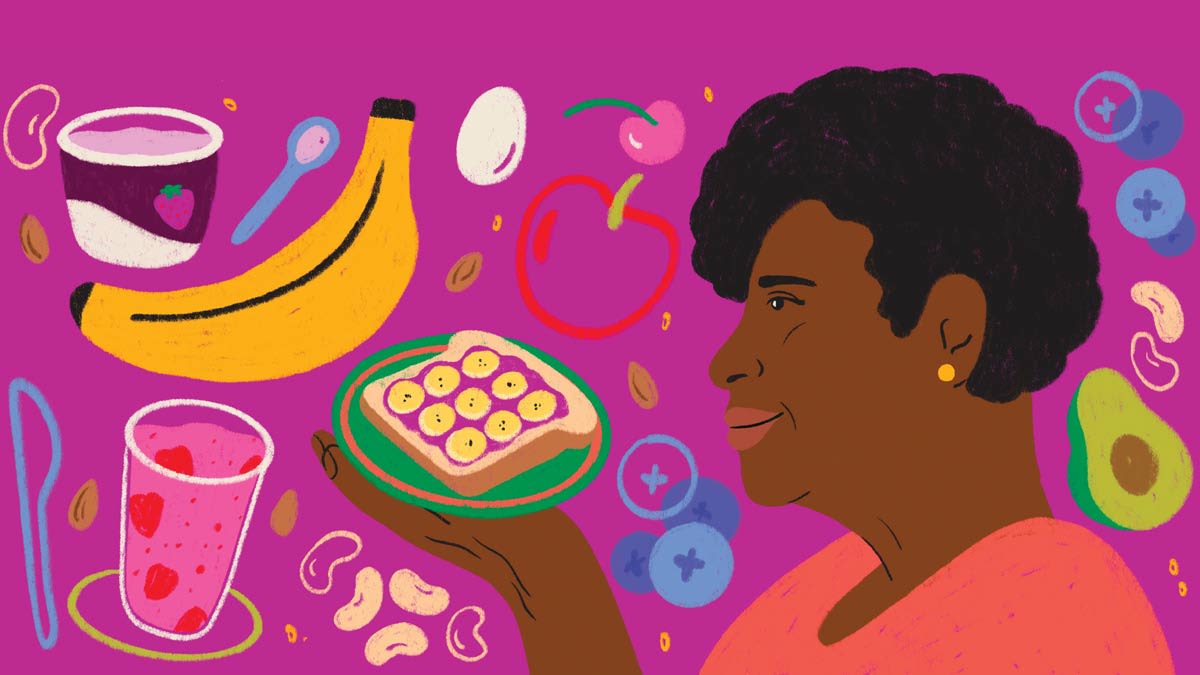 illustration of person toast with banana and jelly and other health snacks floating around them