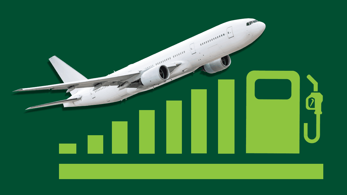 A photo illustration of an airplane above rising graph